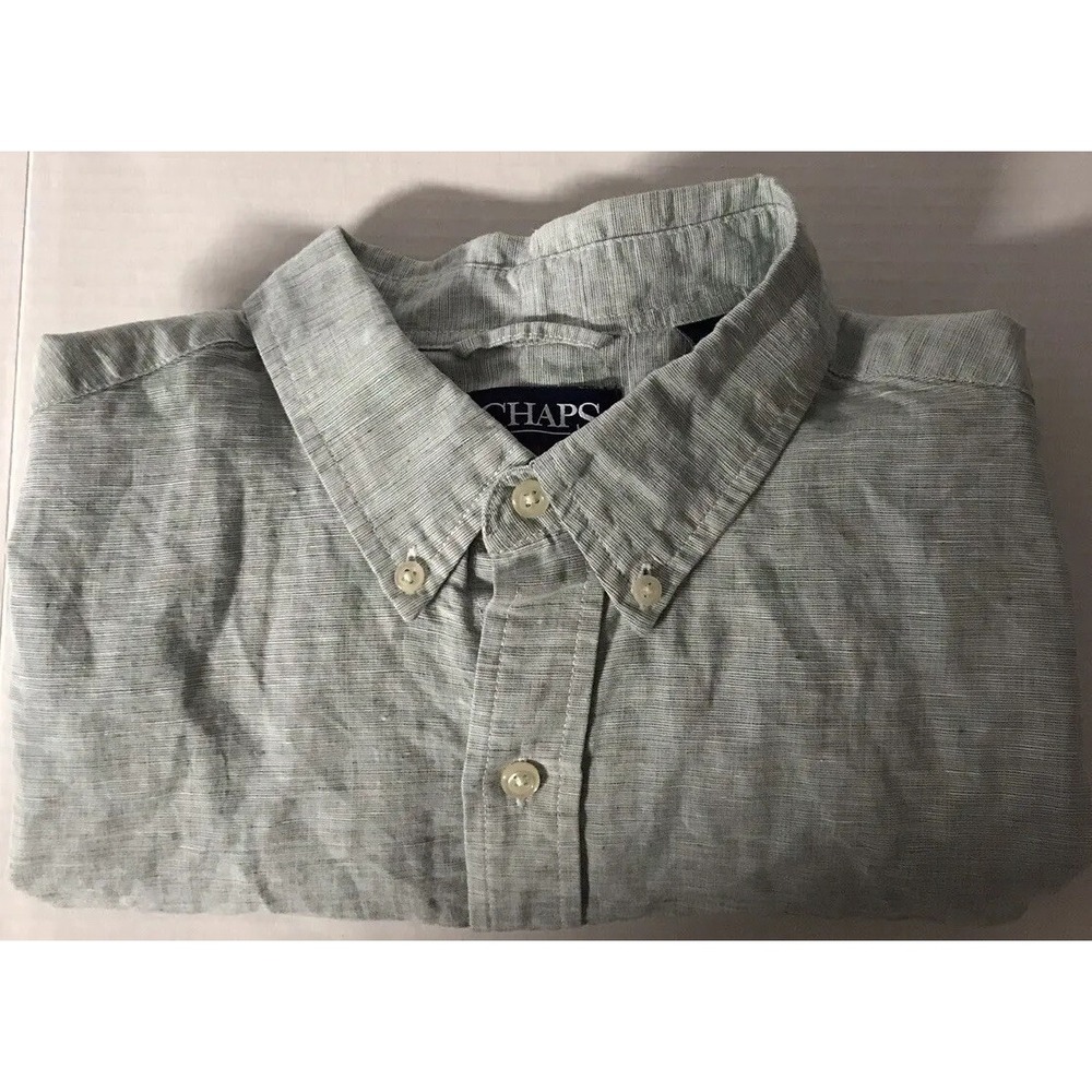 Chaps Button Down Shirt Mens XL Green Linen Cotton Short Sleeve Textured
